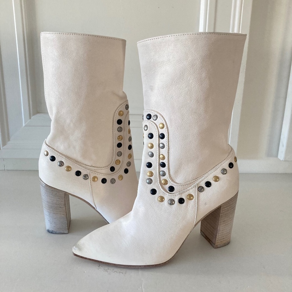 NWOT Free People Studded White Leather Dakota Heeled Boots Sz 38